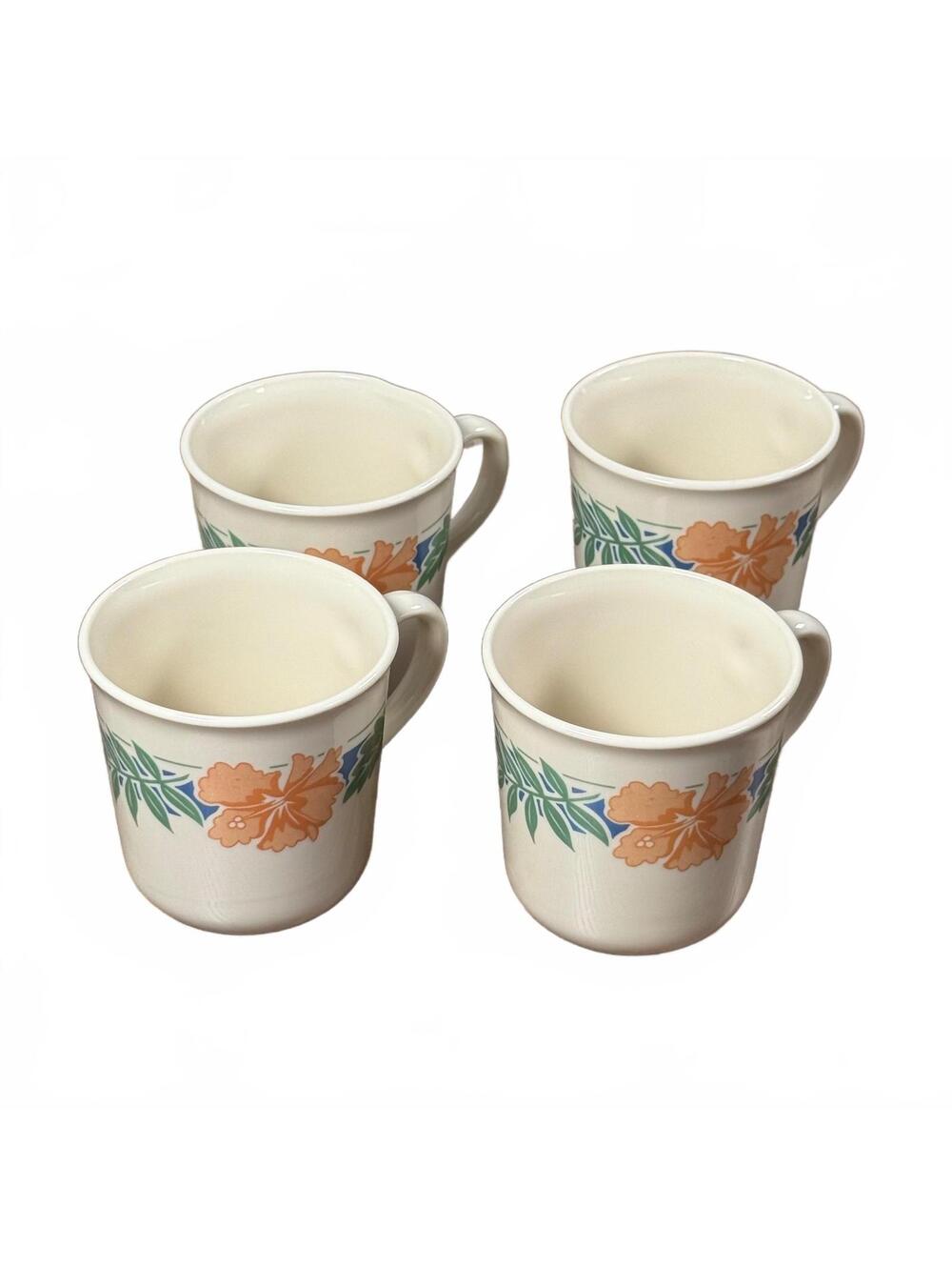 Vintage Corningware Coffee Mugs Set 4 Stoneware USA Hawaiian Floral